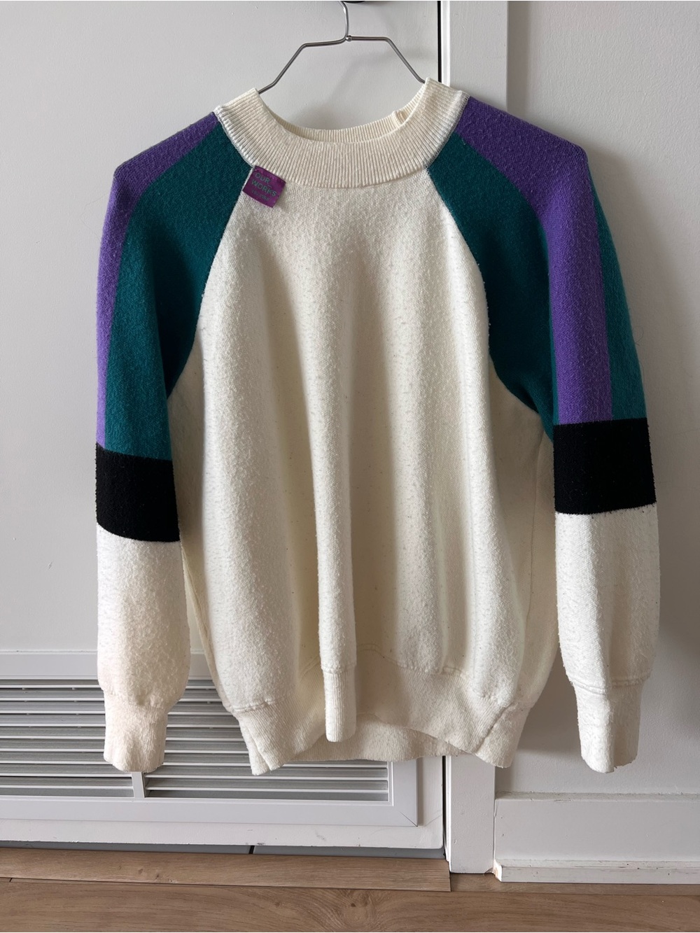 Cream Crewneck Sweater with Teal, Purple & Black Sleeve Accents